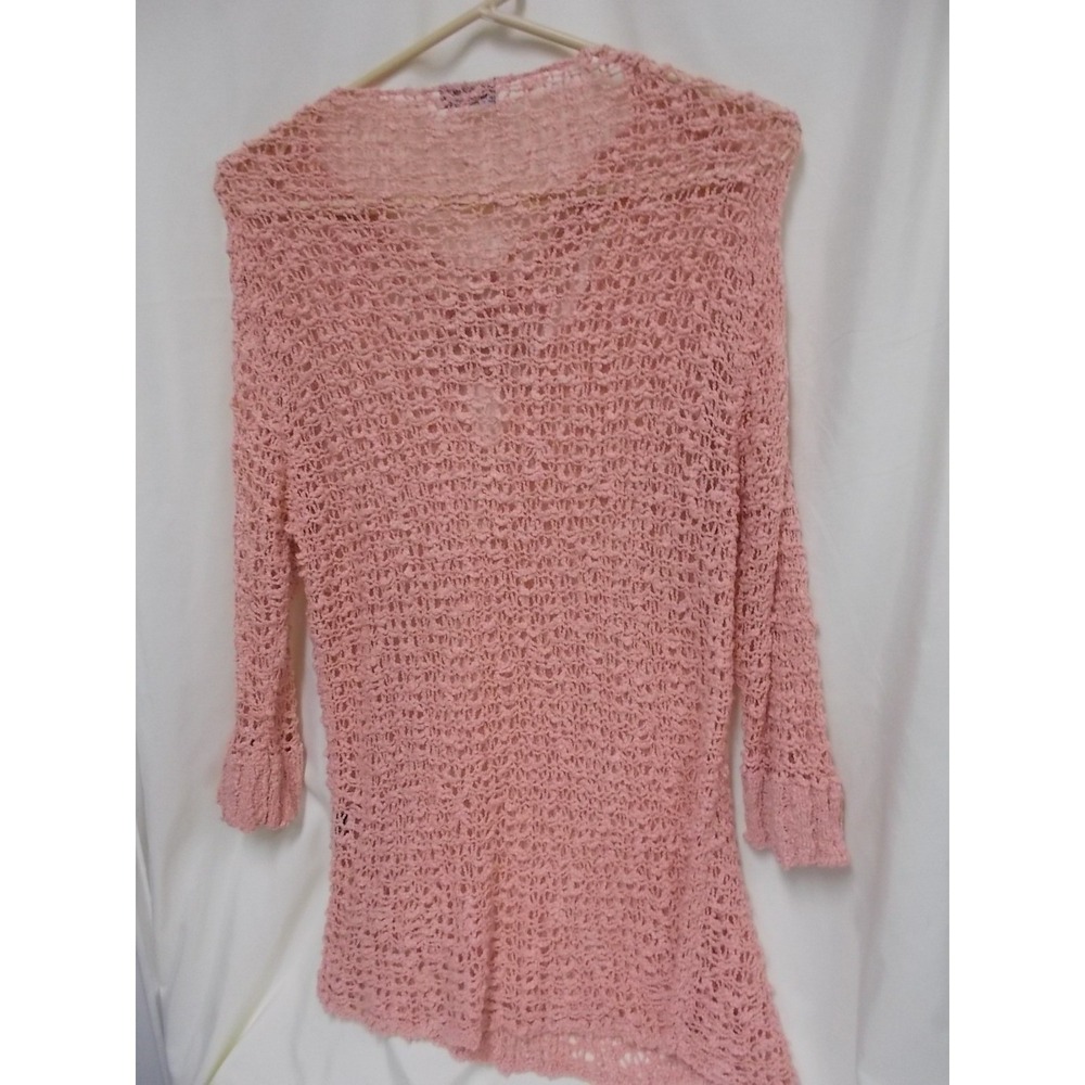 Cahaya by Tanami Pink Open Knit Strappy V-Neck Sweater Ruffle Cuff 3/4 Sleeve - Picture 3 of 6